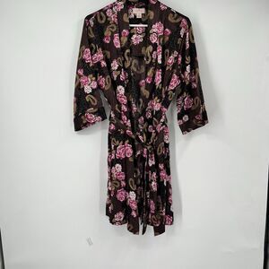 Cabernet Belted Robe Kimono M Silky Pink Roses Dark Floral Sexy Resort Vacation